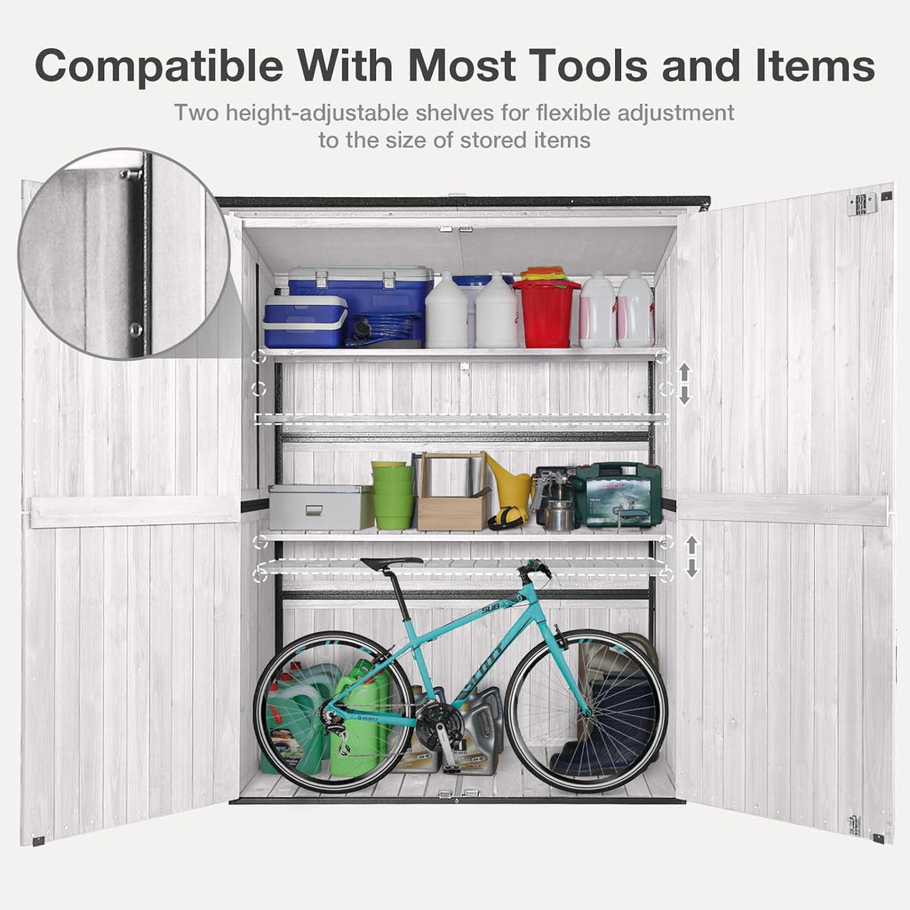 Outdoor Storage Shed with Floor - Waterproof Natural Fir Cabinet with Adjustable Shelves and Double Lock for Anti-Theft - Suitable for Storing Garden Tools and Household Debris (Off-White)