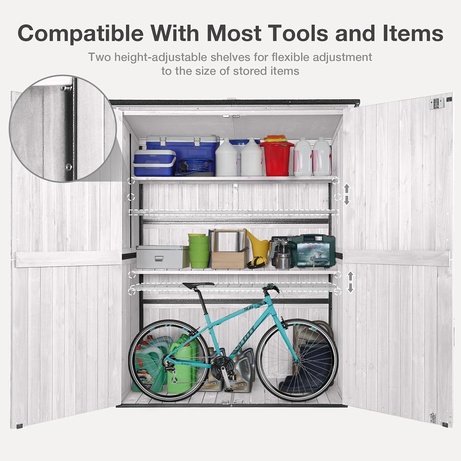 Outdoor Storage Shed with Floor - Waterproof Natural Fir Cabinet with Adjustable Shelves and Double Lock for Anti-Theft - Suitable for Storing Garden Tools and Household Debris (Off-White)