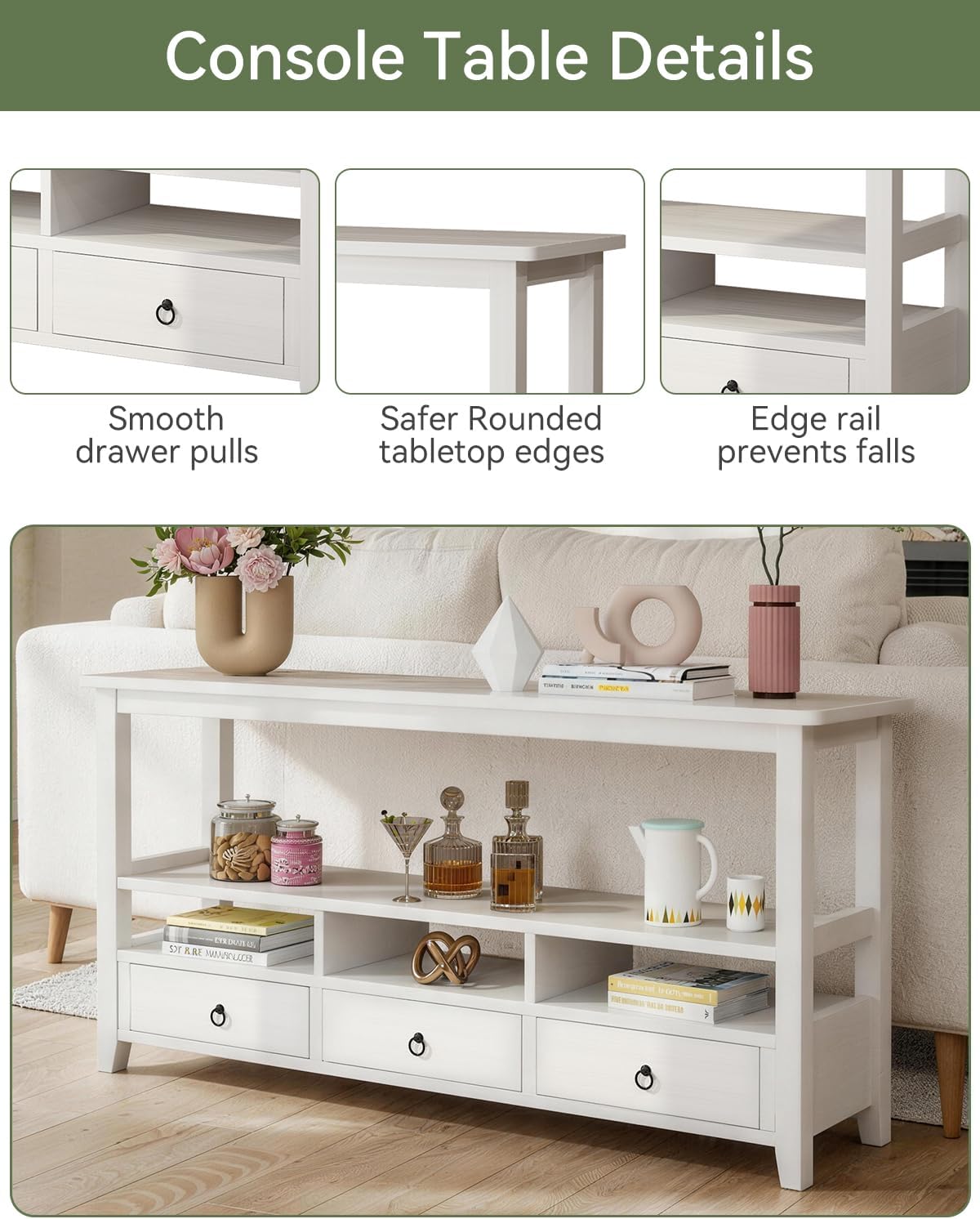 Karl home Console Table with 3 Bottom Drawers, 57.9' W Sofa Side Table Entryway Desk with 3 Storage Cubbies 1 Open Shelf, Vintage TV Stand for Hallway Living Room Office, White 29.9' H