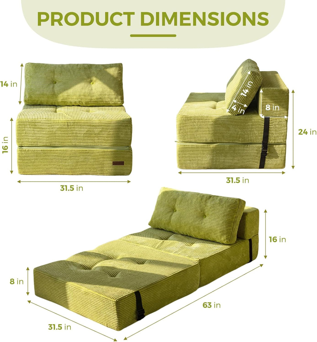 MAXYOYO Folding Sofa Bed, Convertible Sofa Bed with High-Density Support Foam, Portable 4 in 1 Fold Out Chair to Floor Lounger, Versatile Floor Couch for Living Room Bedroom, Green