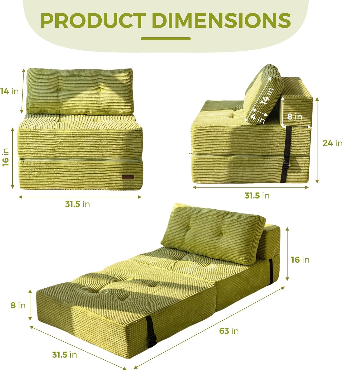 MAXYOYO Folding Sofa Bed, Convertible Sofa Bed with High-Density Support Foam, Portable 4 in 1 Fold Out Chair to Floor Lounger, Versatile Floor Couch for Living Room Bedroom, Green