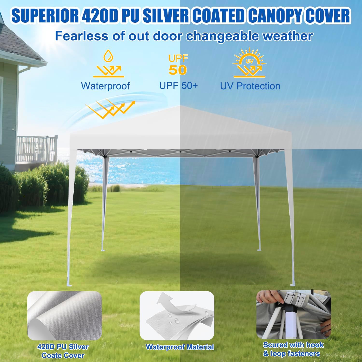 Yesker 10x10 Pop Up Canopy Tent UPF 50+ Waterproof Outdoor Canopy Portable Folding Easy Setup Gazebo Adjustable Height Instant Sun Shade Tent with Wheeled Bag for Events Parties Camping Patio, White
