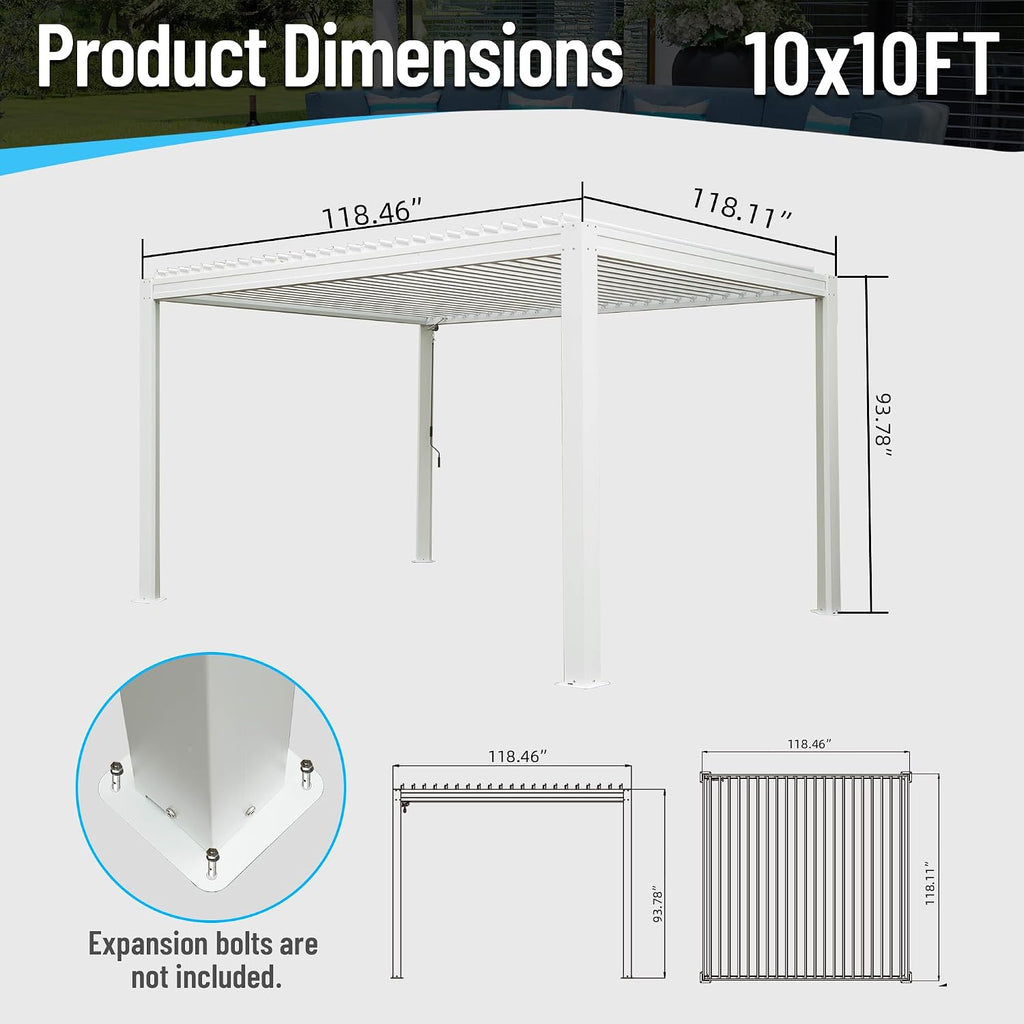 Domi Outdoor Pergola 10' x 10' Aluminum Louvered Pergola with Adjustable Roof, Aluminum Frame, Efficient Drainage System for Patio, Deck, Garden, White