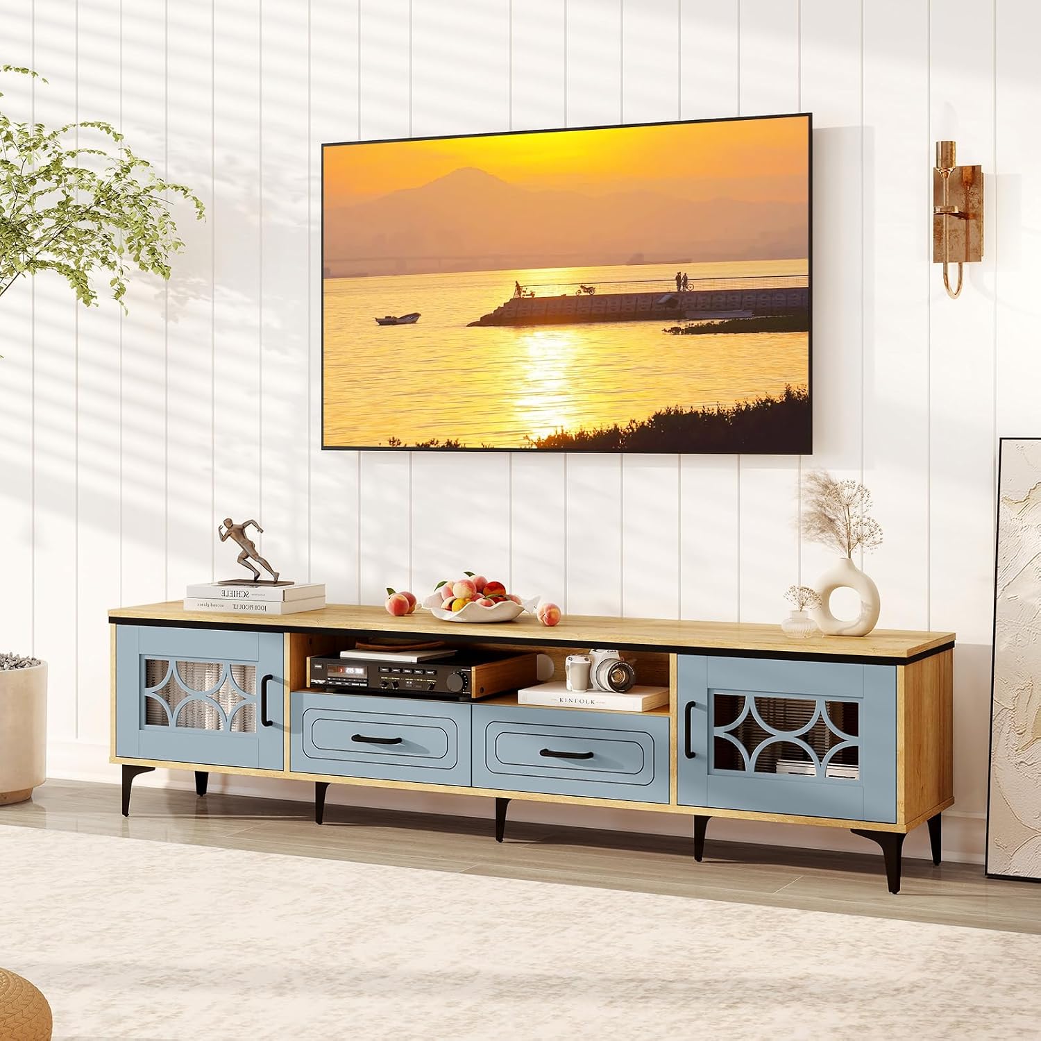Giantex Wood TV Stand for TVs up to 80', Modern Entertainment Center with Storage Drawers, Side Cabinets, Wood Television Stands, Media TV Console Table for Living Room Bedroom (Oak & Bluish Gray)