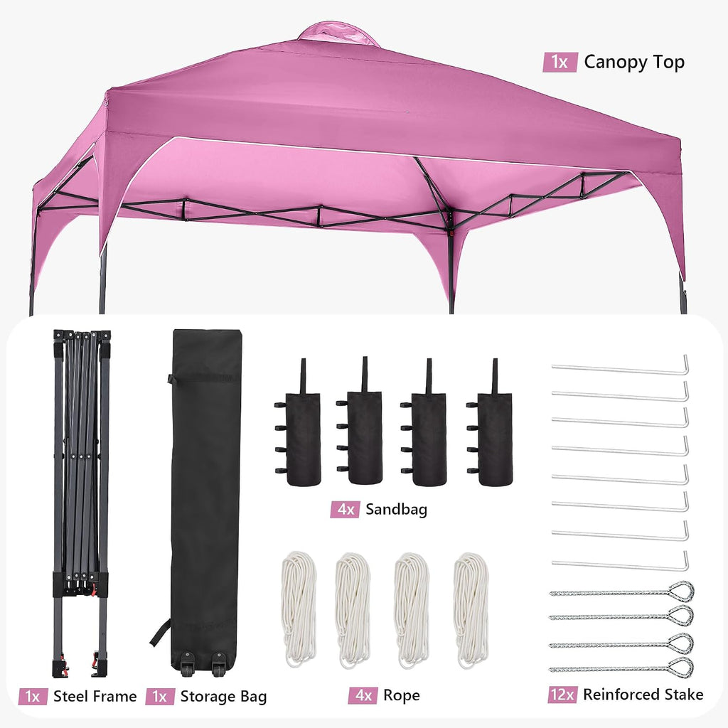 12'x12'FT Pop Up Canopy, Easy-Setup Gazebo, Outdoor Awning with 3-Adjustable Heights for Beach, Parties, Camping, Pink.