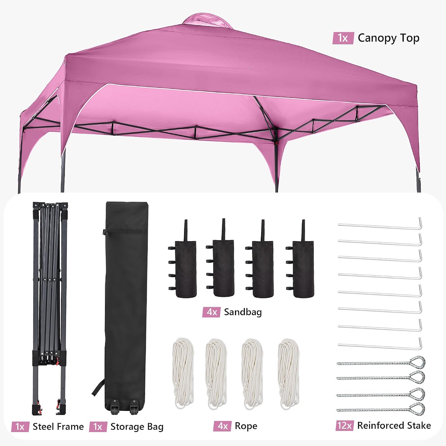 12'x12'FT Pop Up Canopy, Easy-Setup Gazebo, Outdoor Awning with 3-Adjustable Heights for Beach, Parties, Camping, Pink.