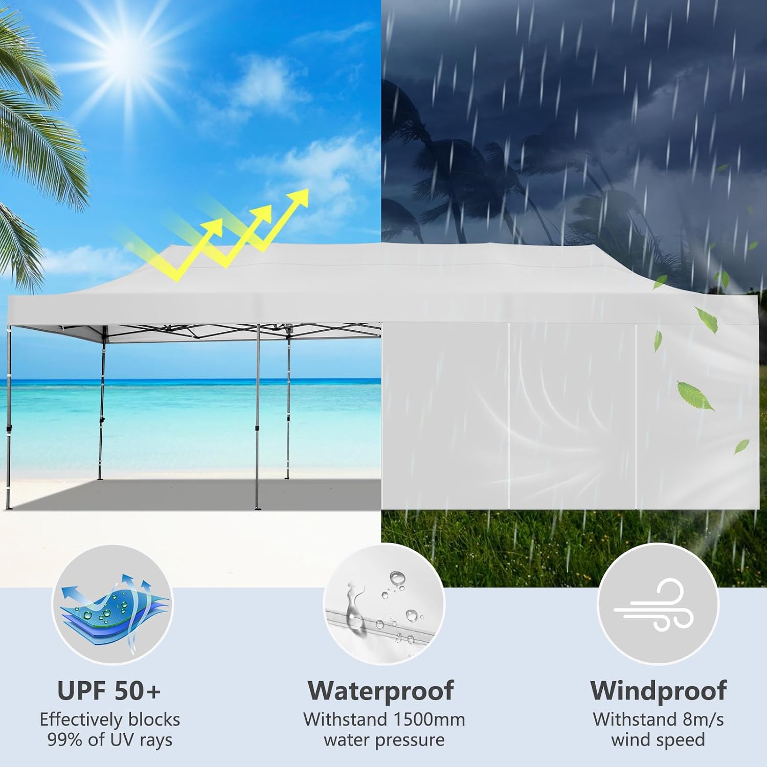 COBIZI 10x30 Heavy Duty Pop Up Canopy Tent with 8 Sidewalls Thicken Frame, Commercial Easy Up Outdoor Wedding Party Tents, All Season Waterproof Windproof with Stakes Sandbags Ropes Roller Bag, White
