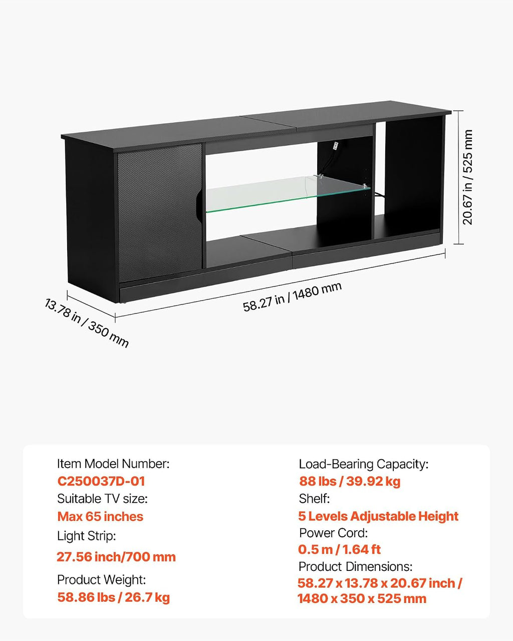 VEVOR Modern TV Stand for 65 inch TVs, LED Entertainment Center with Storage Cabinet for PS5 Xbox Gaming Media Console Table with Adjustable Glass Shelf, Wood TV Cabinet for Living Room Bedroom, Black