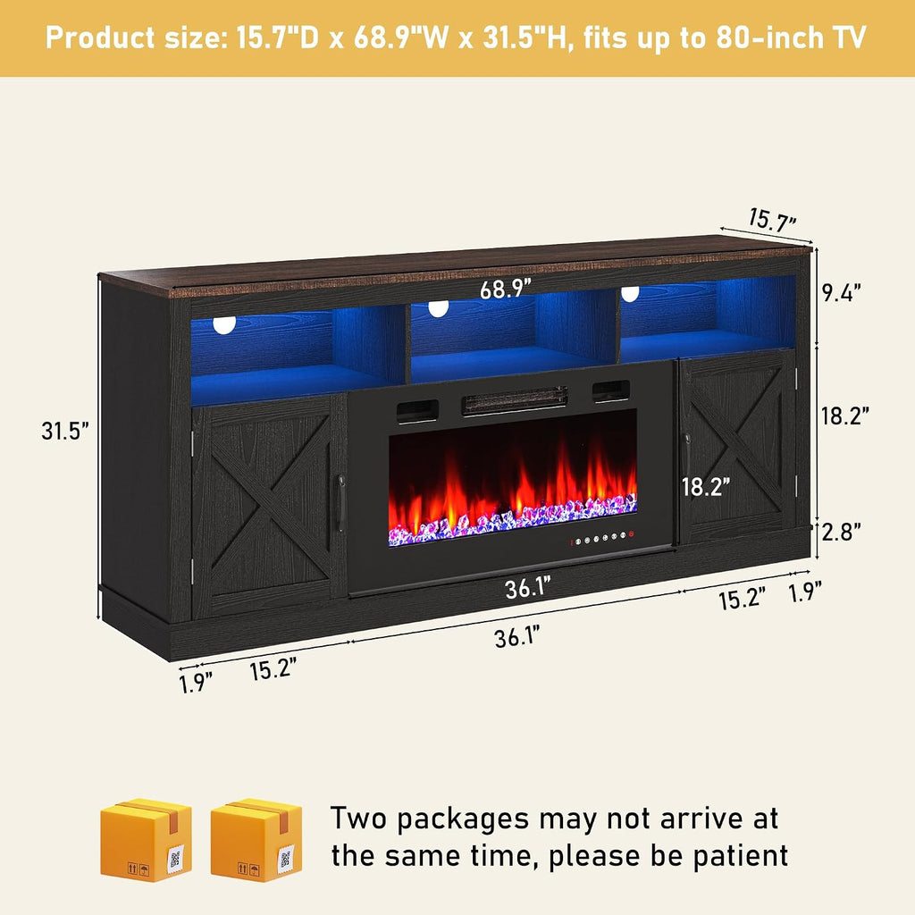 jiteentarou Farmhouse Fireplace TV Stand for 70/75/80 Inch TV, 32'Tall Entertainment Center w/ 36'Electric Fireplace and LED Light, 70'Media Console w/Barn Door Cabinet for Living Room, Black