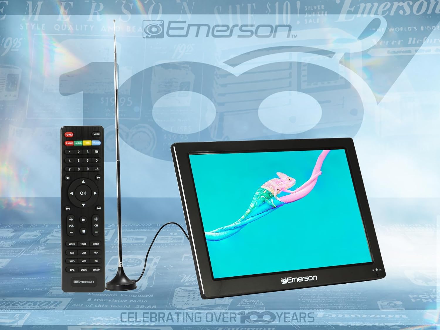 Emerson ET-1300 13.3' Portable Digital TV with Built-in Rechargeable Battery, DC Car Adapter, HDMI, USB, and AV Inputs, Crystal-Clear HD Display, Compact for Travel, Tailgating, and Camping