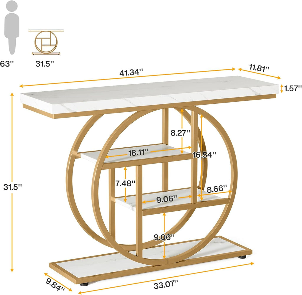 Tribesigns 41.3' Console Table, Industrial 4-Tier Sofa Entryway Table with Circle Base, Narrow Wood Accent Tables with Storage Shelves for Living Room, Hallway, Foyer, White Gold