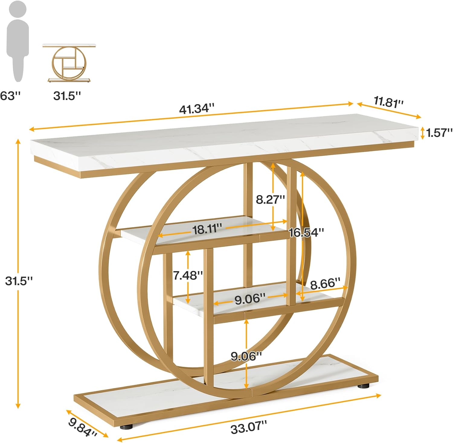 Tribesigns 41.3' Console Table, Industrial 4-Tier Sofa Entryway Table with Circle Base, Narrow Wood Accent Tables with Storage Shelves for Living Room, Hallway, Foyer, White Gold