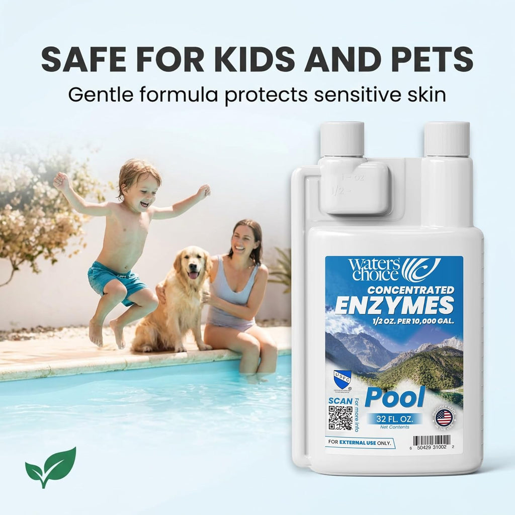 Waters Choice Weekly Pool Enzyme Concentrate 32 Ounce - Naturally Derived Pool Cleaner & Water Clarifier for Crystal Clear Pool Water - Reduce Chlorine Usage - No Scum or Odors
