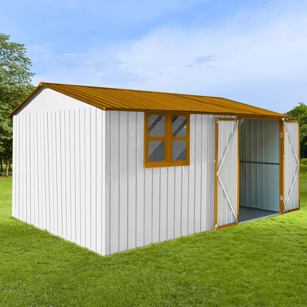 10x12 ft Outdoor Metal Storage Shed with Window, Aluminum Frame and Galvanized Steel Plate Tool Shed with Lockable Door, Air Vent, Waterproof Garden Storage House for Backyard (Yellow/White)