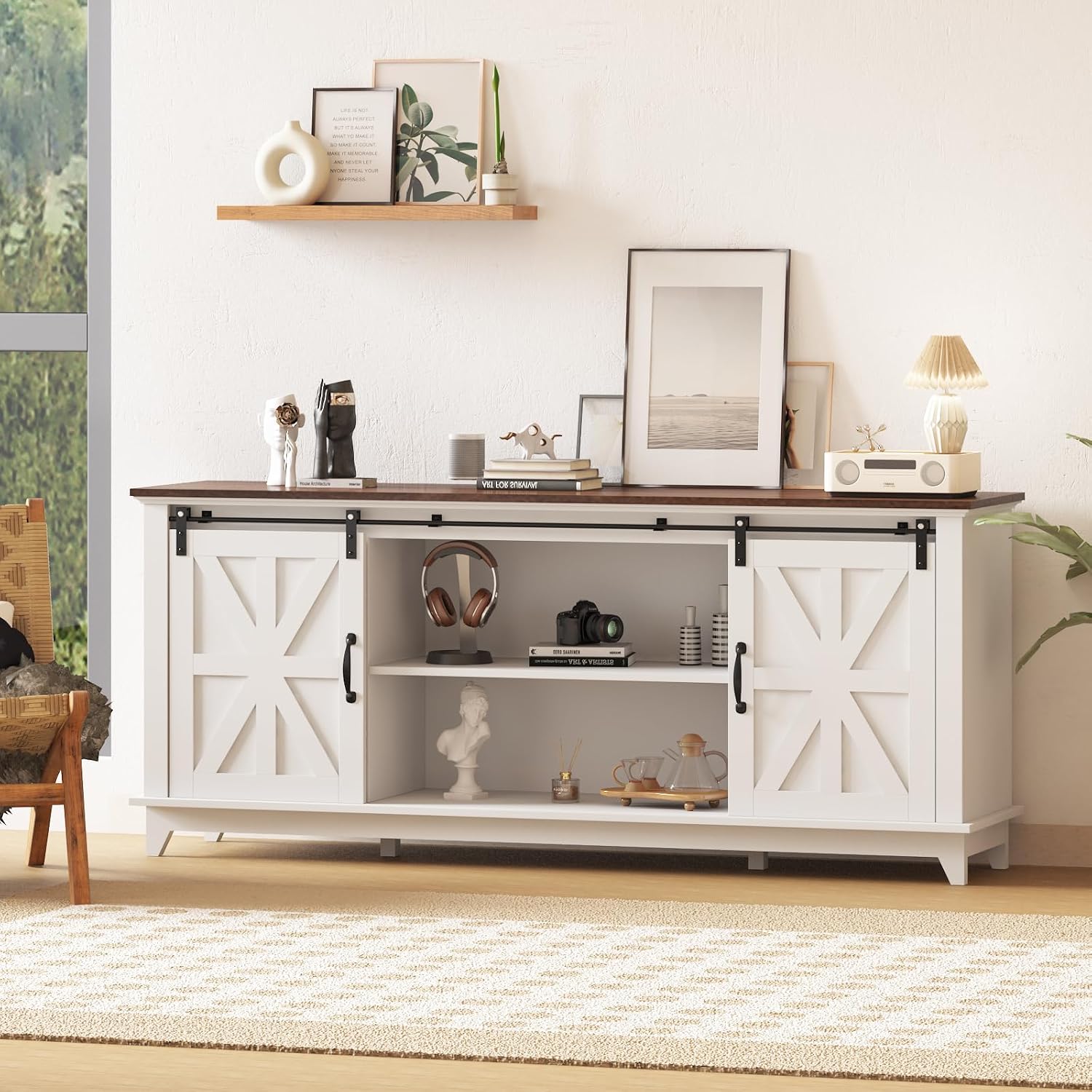 Garvee Home Farmhouse TV Stand for 75 in Television, Wood Entertainment Center with Storage & Barn Doors, Adjustable Shelf Media TV Console Table Cabinet for Living Room, 66 in Large, White