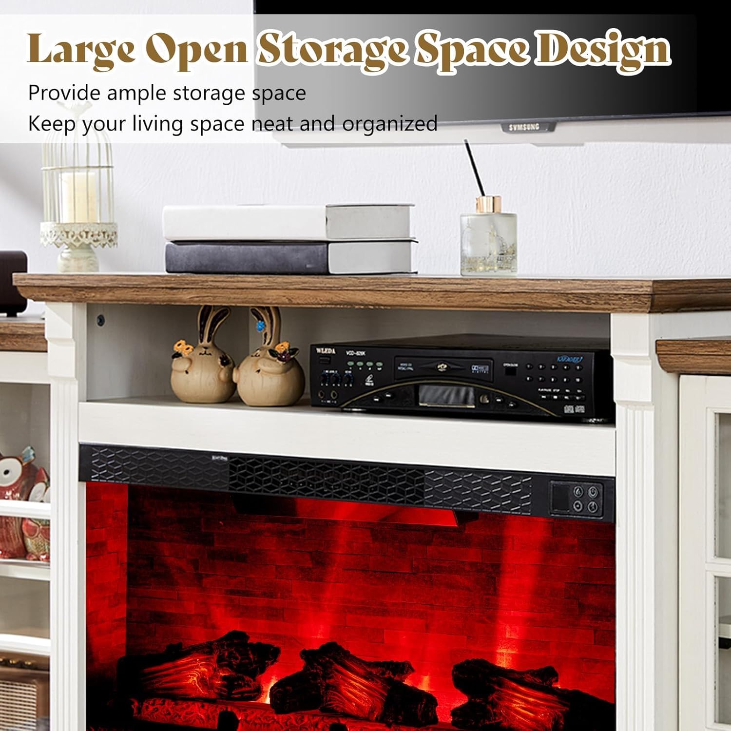AMERLIFE 97' Farmhouse Fireplace TV Stand, Entertainment Center with Large Storage Space and Adjustable Shelf, Media Console for Living Room, White/Barnwood