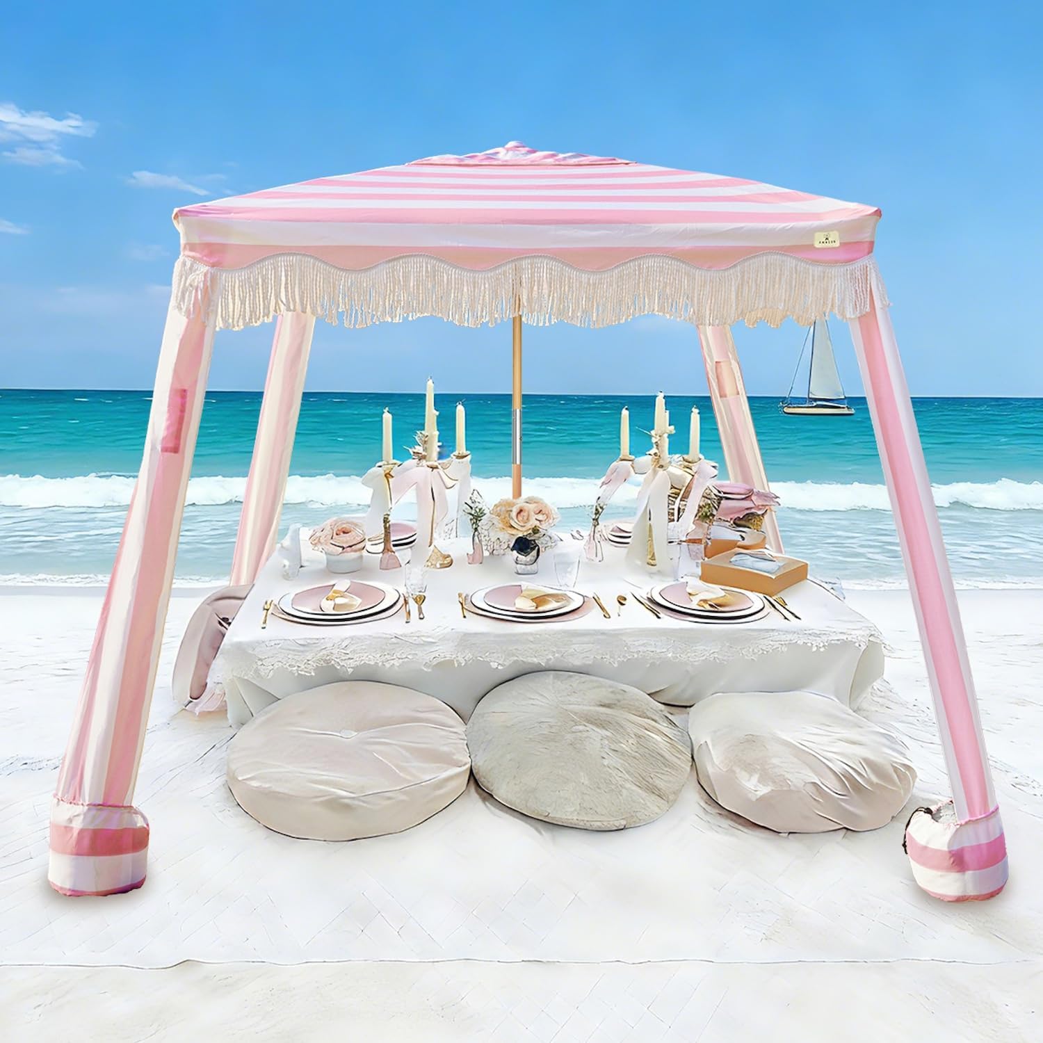AMMSUN Beach Cabana with Fringe, 7' x 7' Boho Beach Canopy with Tassels, Easy Set up & Premium Wood Pole, Cabana Tent with Sand Pockets, Instant Sun Shade for Sand, Garden, Patio, Rose Stripes