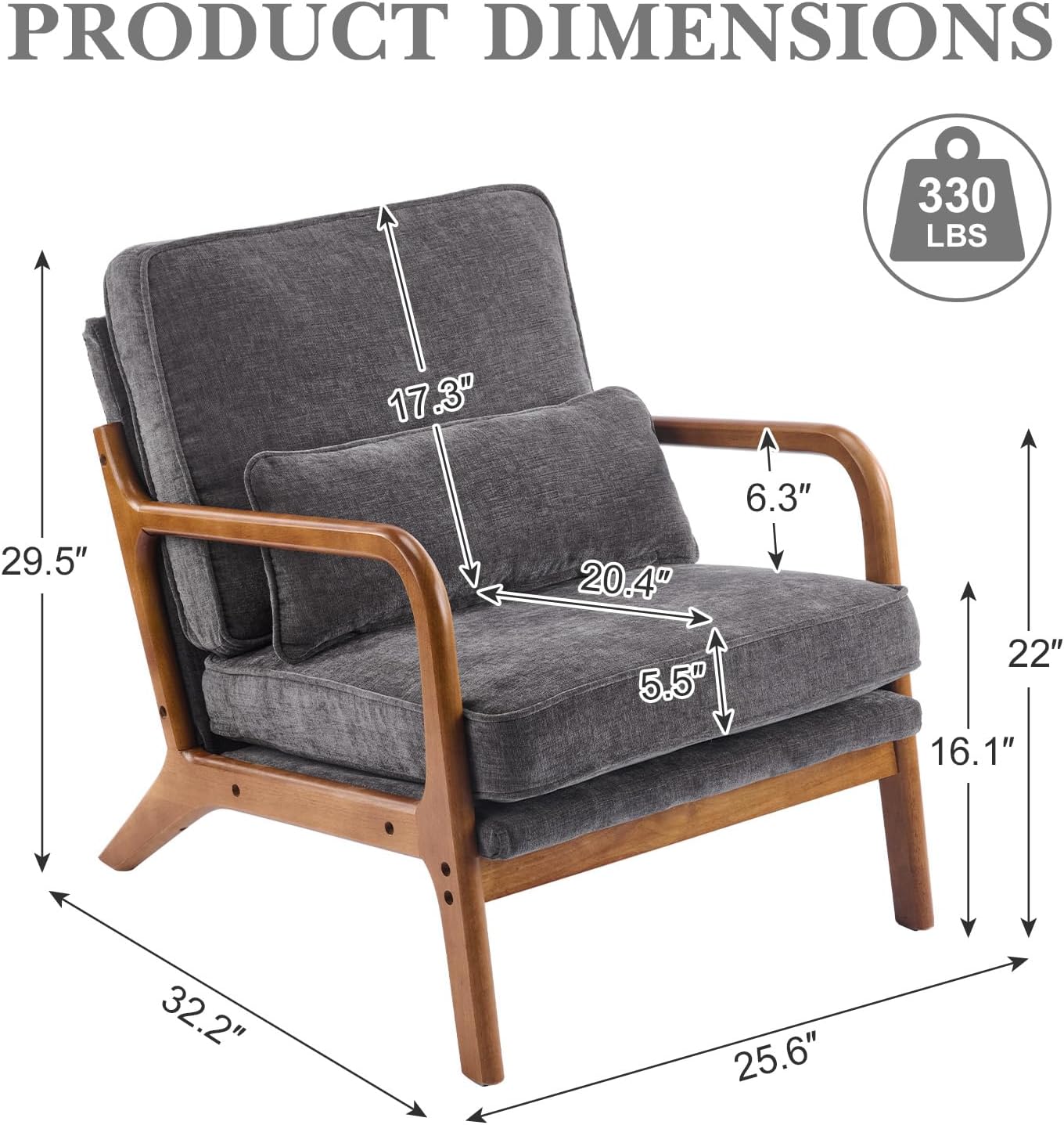 Karl home Mid Century Modern Accent Chair with Lumbar Pillow & Oak Arms – Plush Chenille Living Room Chair for Bedroom, Lounge (Gray)