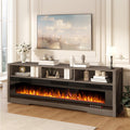 PRETZI 65' Fireplace TV Stand with 60' Glass Electric Fireplace for TVs Up to 75 inch, Modern Fireplace Entertainment Center with Open Storage Shelf, Media Console TV Cabinet for Living Room, Grey