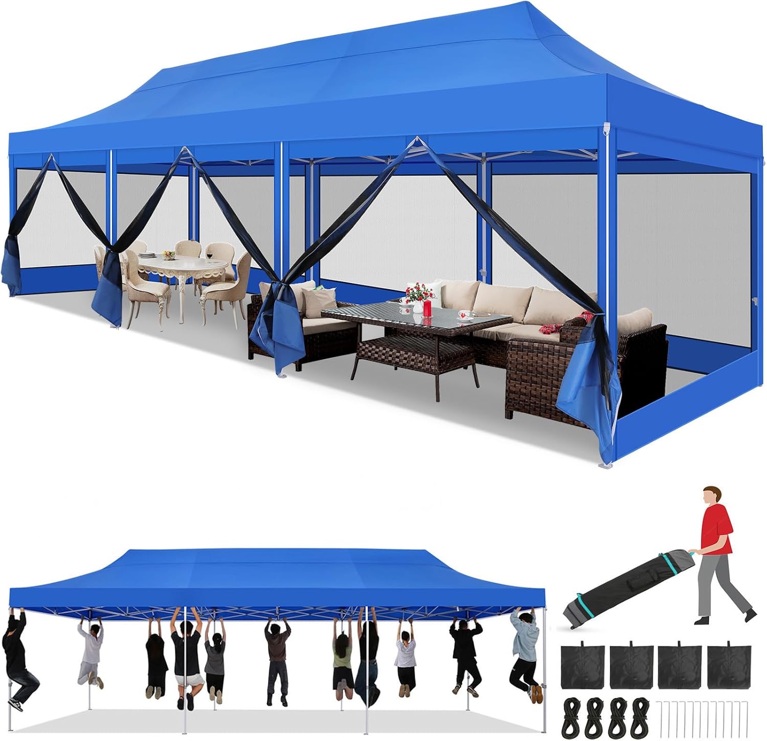 COBIZI 10x30 Heavy Duty Pop Up Canopy with 8 Mosquito Netting Wall, Easy Set Up Commercial Gazebo Party Tent, Outdoor Instant Screen Canopy for Backyard, Patio, Garden, Blue