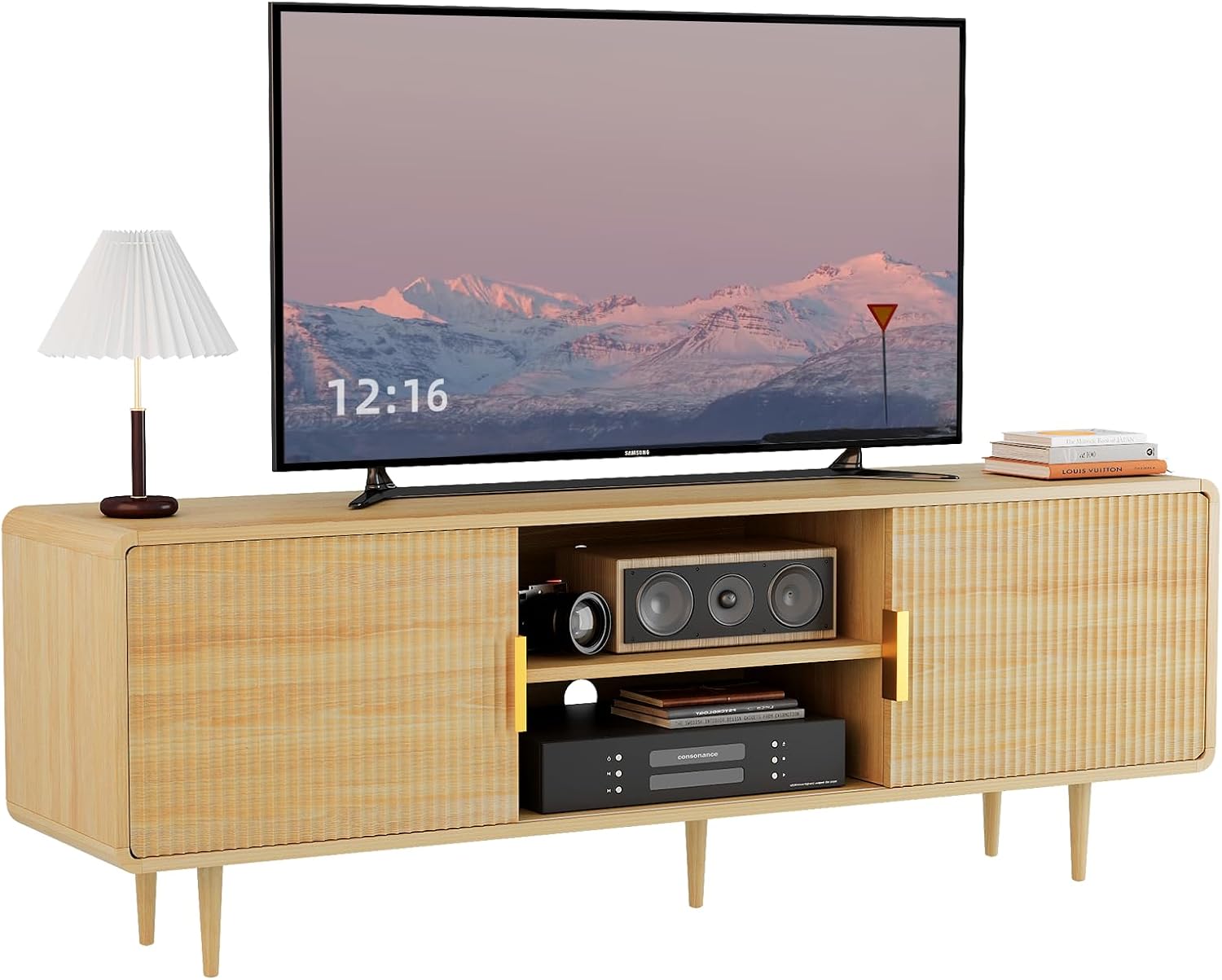 TV Stand for 65 Inch TV, Fluted TV Stand with Curved Profile Design, Wood Entertainment Center TV Console Table with Sliding Doors & Adjustable Shelves, TV Stand for Living Room Bedroom, Natural