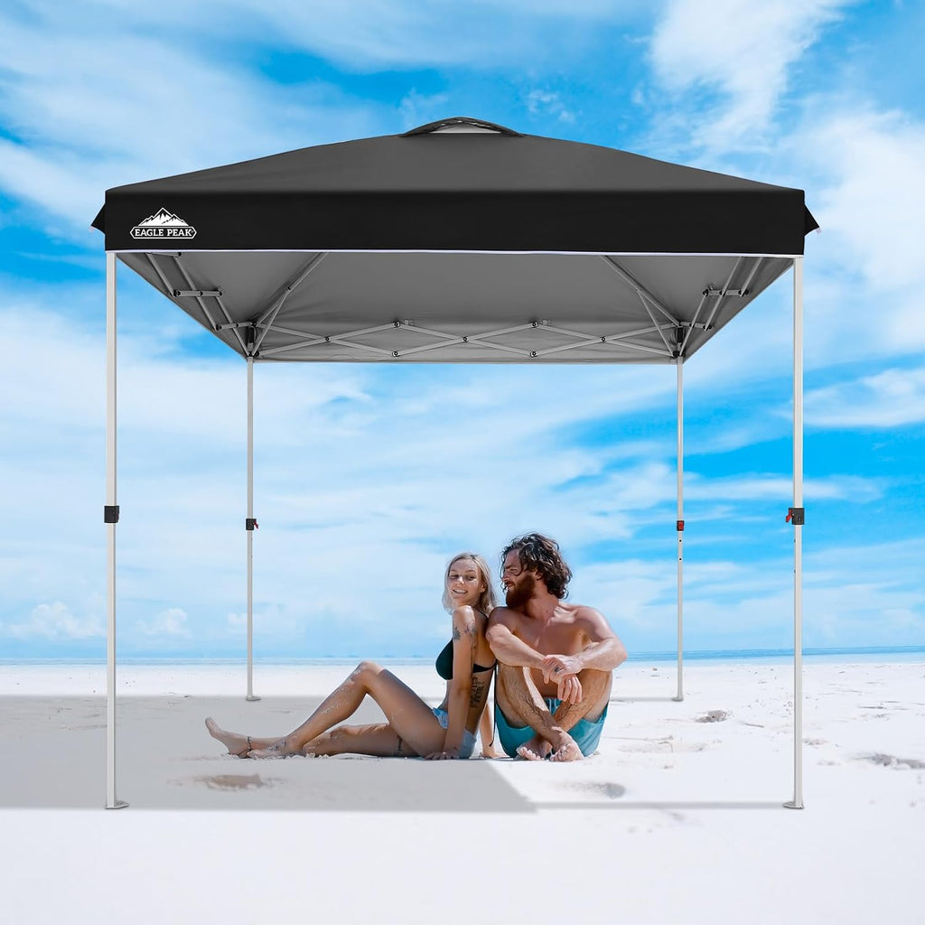 EAGLE PEAK Pop Up Canopy Tent with Wheeled Carry Bag, 8 Stakes, 4 Ropes, Easy Set Up Tent Canopy, 8x8 ft, Black