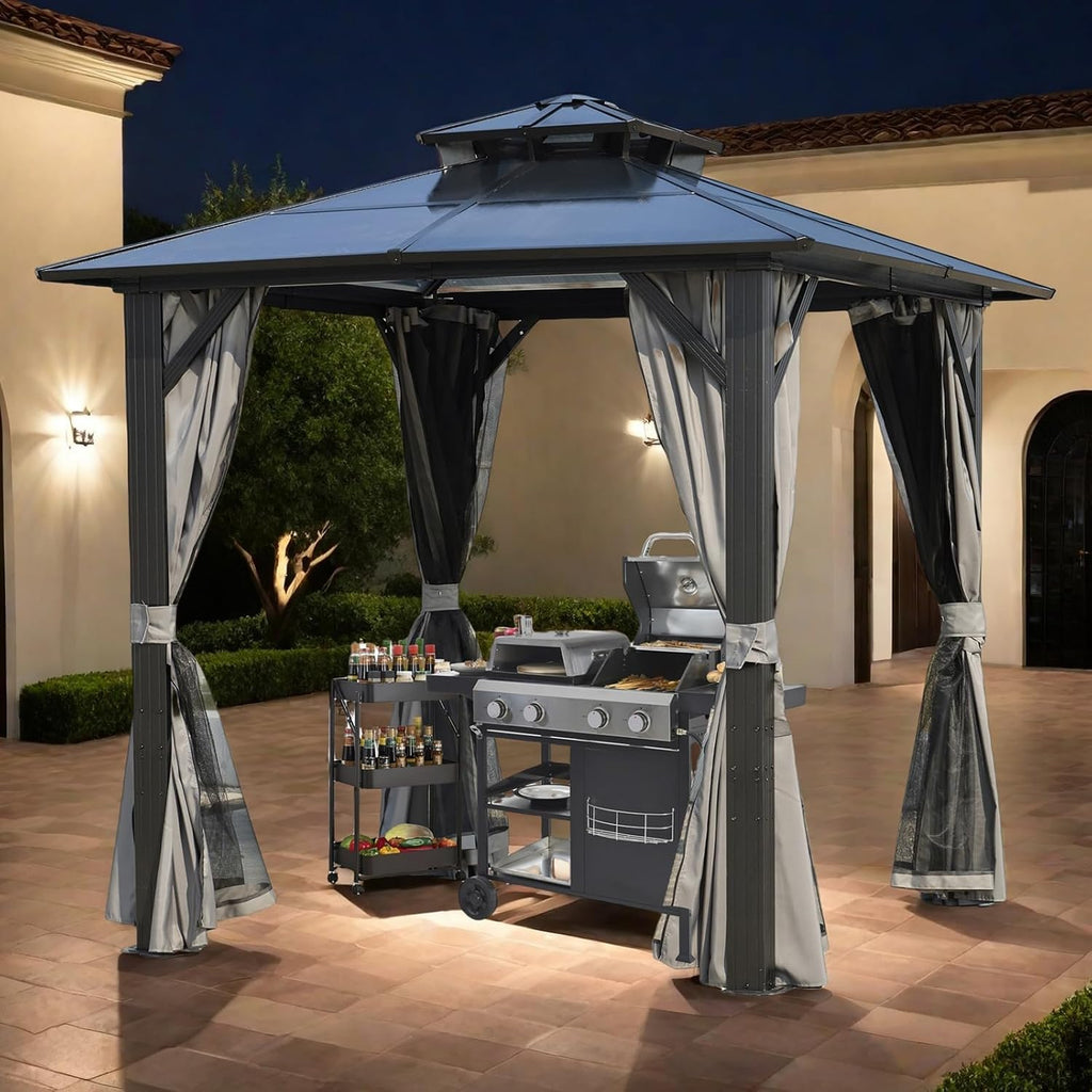 ENDARK 8'x8' Double Roof BBQ Gazebo with Polycarbonate Top, Aluminum Frame, Galvanized Steel, and Double Layer Curtains for Patio and Backyard