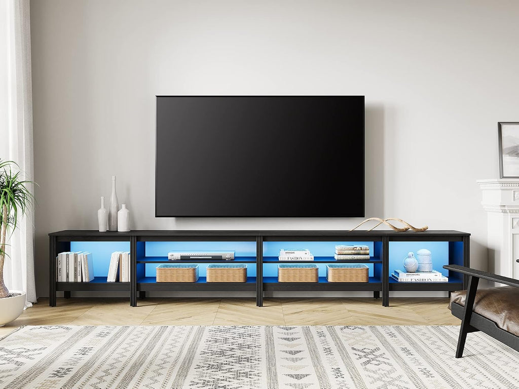 WAMPAT LED TV Stand for TVs up to 85 Inch, Black Entertainment Center for 85 90 100inch TV Console Table with 6 Cubby Storage for Living Room Bedroom