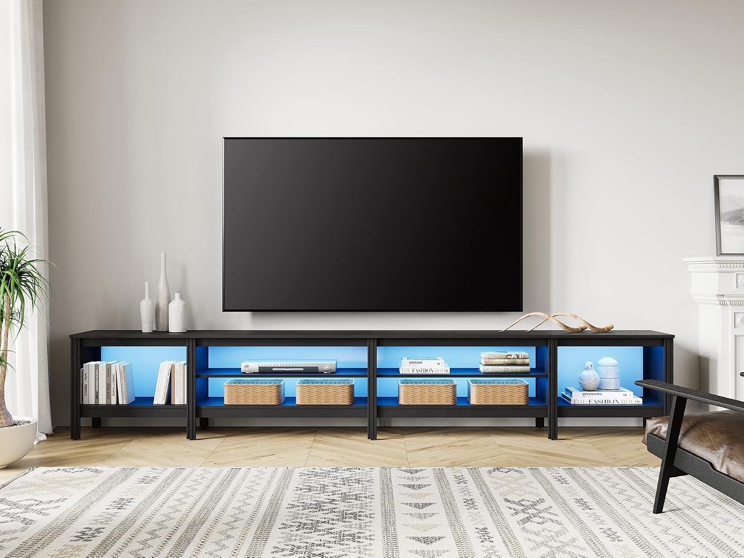 WAMPAT LED TV Stand for TVs up to 85 Inch, Black Entertainment Center for 85 90 100inch TV Console Table with 6 Cubby Storage for Living Room Bedroom