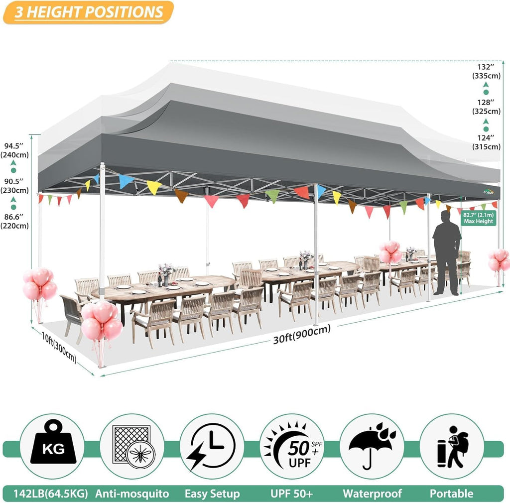COBIZI 10x30 Pop Up Canopy with Sidewalls, Heavy Duty Canopy with Mosquito Netting, Easy up Screen Party Tents for Parties Backyard Outdoor Commercial Event Gazebo with Roller Bag, Sandbags, Gray