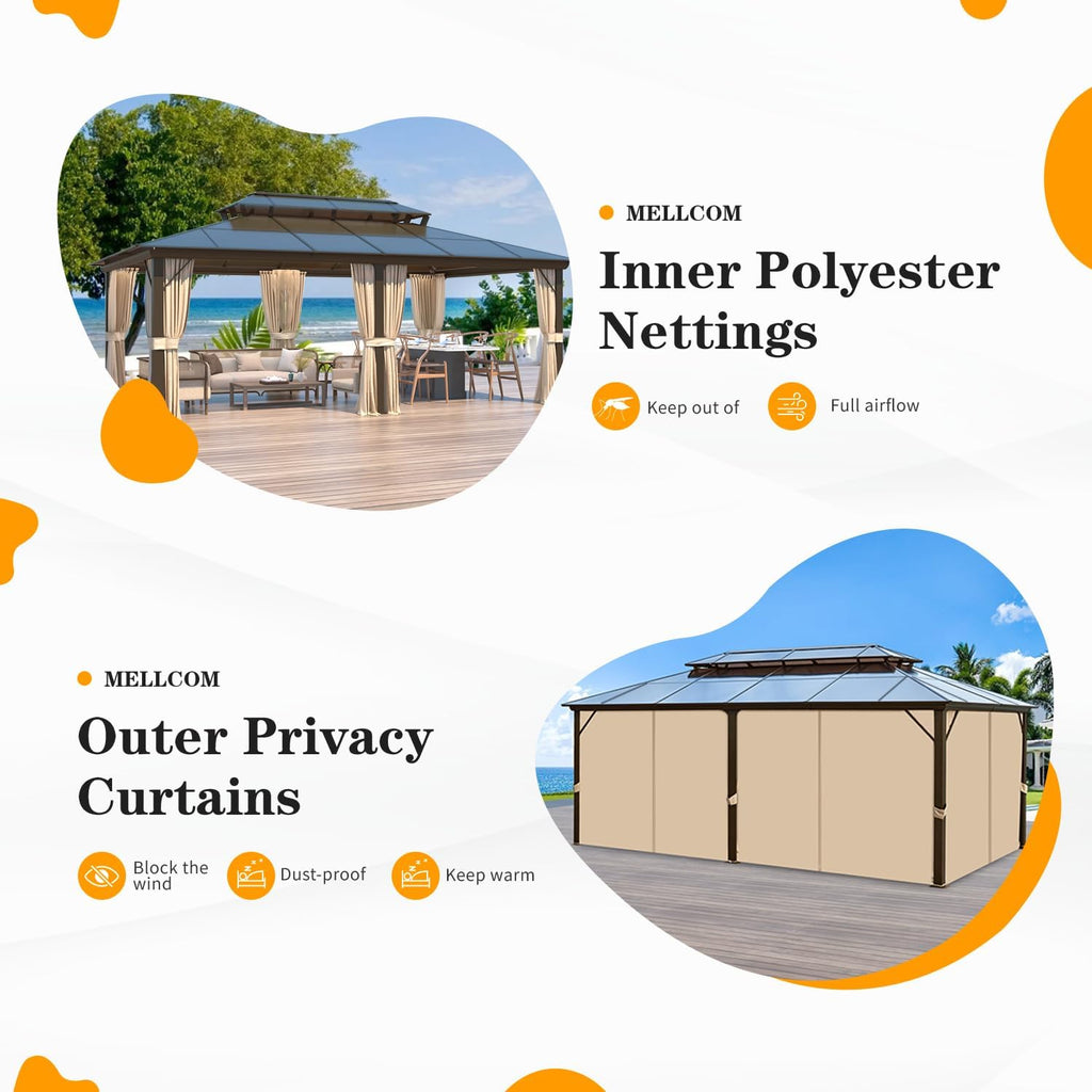 MELLCOM 12x20ft Hardtop Gazebo, Polycarbonate Double Roof Aluminum Gazebos, Outdoor Waterproof Pergola with Netting and Curtains for Backyard, Deck, Patio