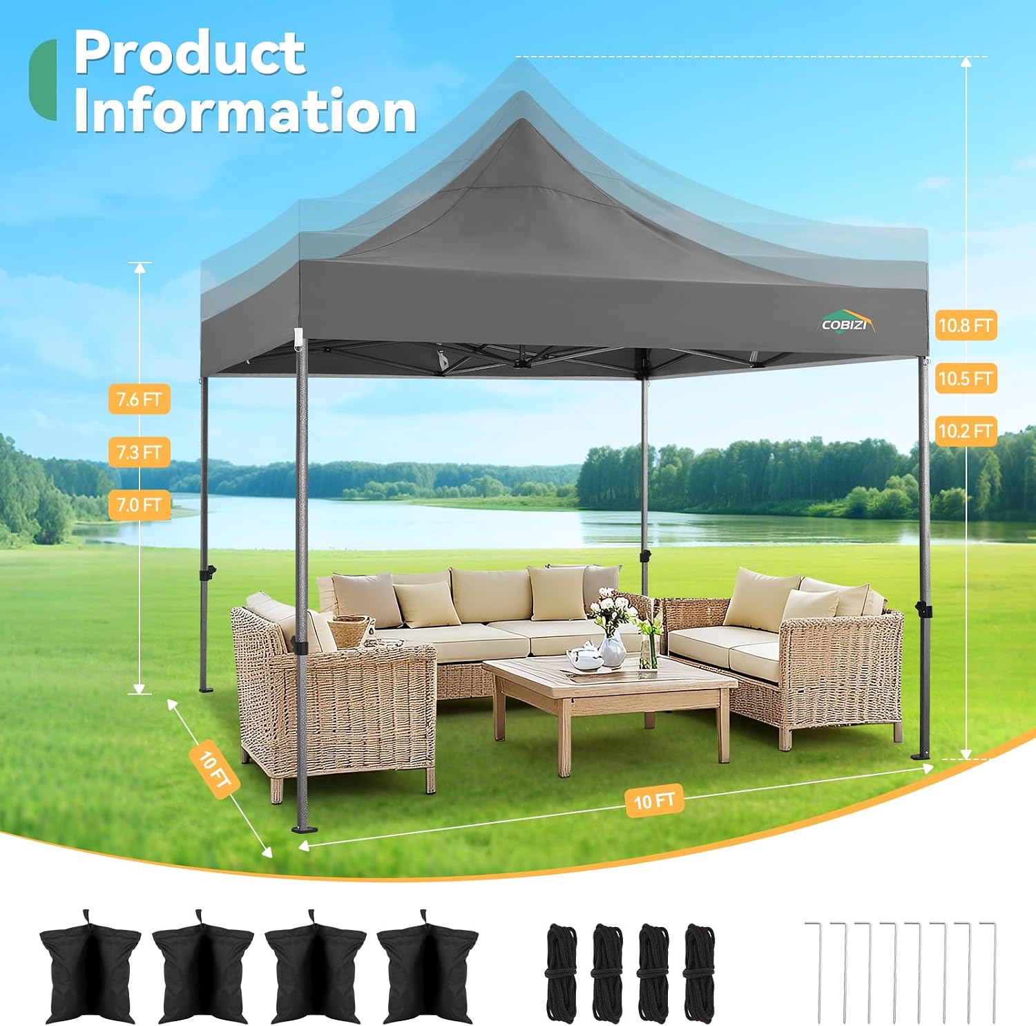 COBIZI 10x10 Heavy Duty Pop Up Canopy Tent with 4 Sidewalls Thicken Frame, Commercial Easy Up Outdoor Wedding Party Tents, All Season Waterproof Windproof with Stakes Sandbags Ropes Roller Bag, Gray
