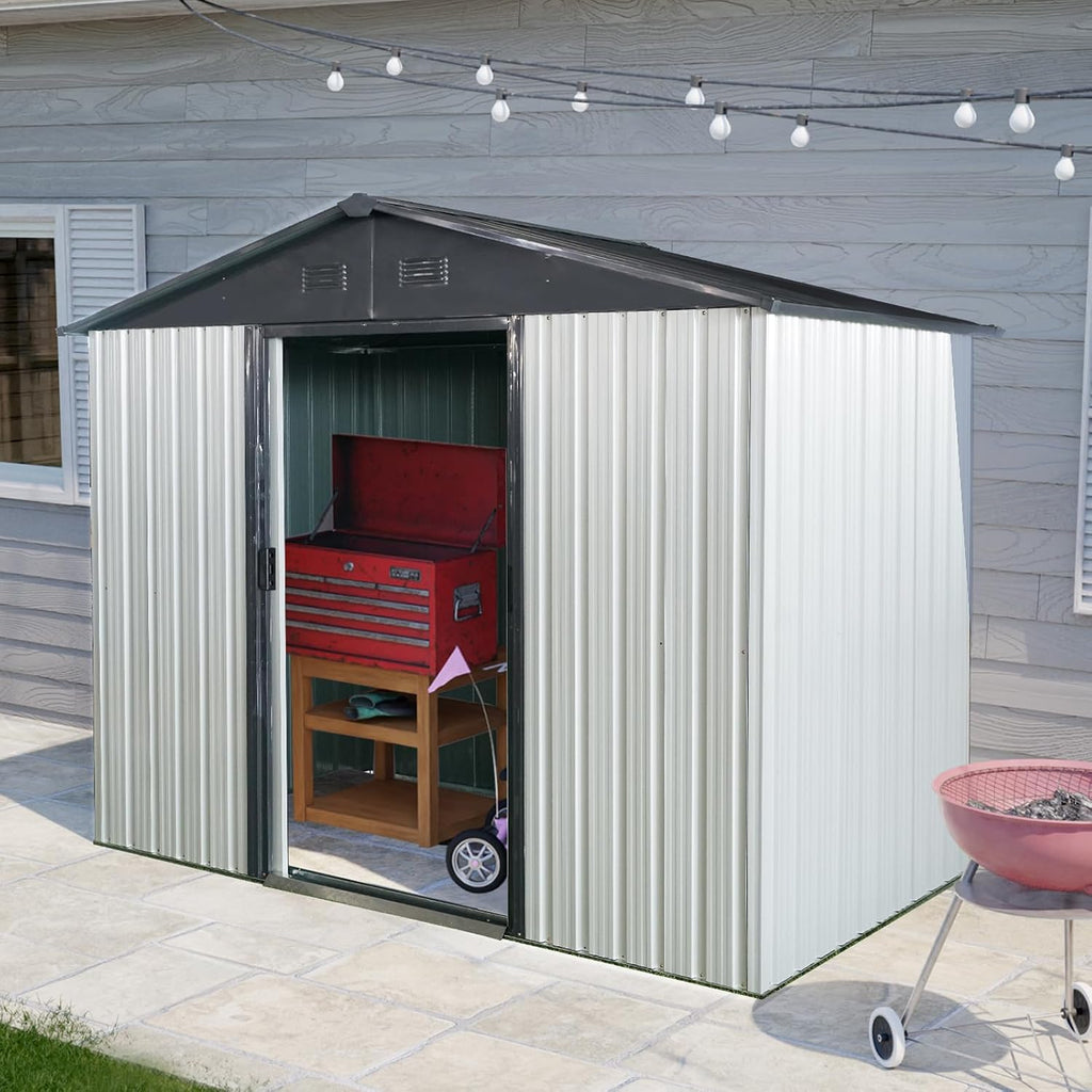 KEIKI 8x4 FT Outdoor Metal Storage Shed with Peaked Roof,Vents and Sliding Lockable Door for Garden Yard