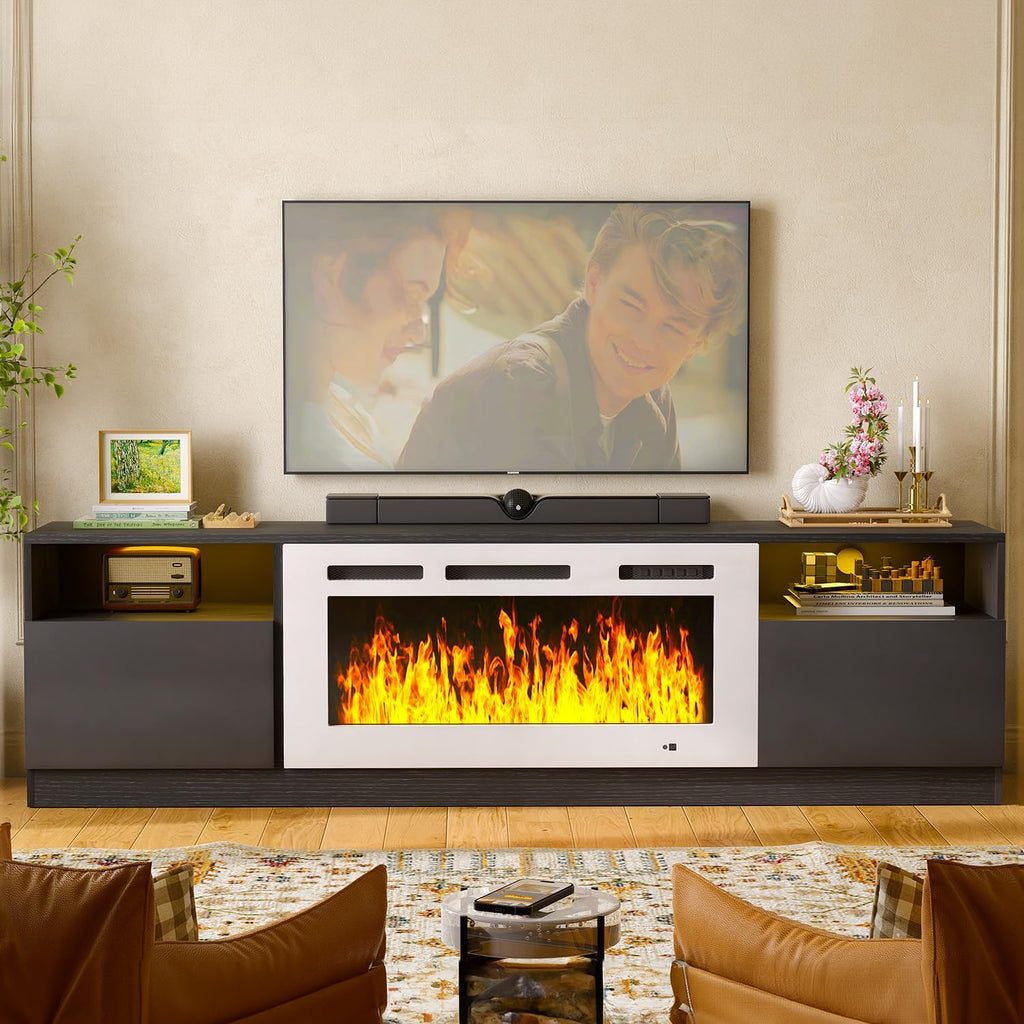 MXV 80' Fireplace TV Stand for TVs Up to 90', LED Light Entertainment Center with 36' Electric Fireplace, Modern Wood Texture TV Media Console with Highlight Storage Cabinet, Black-White