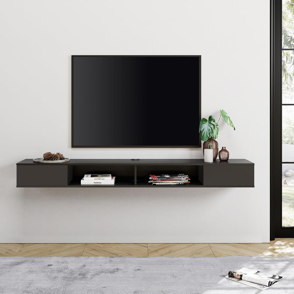 WAMPAT Black Floating TV Stand 70 inch, Wall Mounted Entertainment Center with Storage for 65/70/75 inch TV, Floating Shelf with LED Light for Living Room, Bedroom