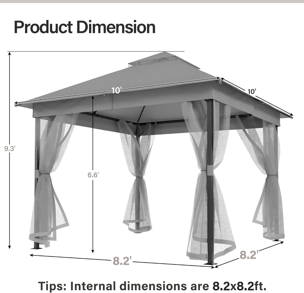 LAUSAINT HOME 10'x10' Outdoor Patio Gazebo with Mosquito Netting, Double Roof Outdoor Gazebo Pavilion Shelter for Backyard, Garden, Lawn, Wedding (Grey)