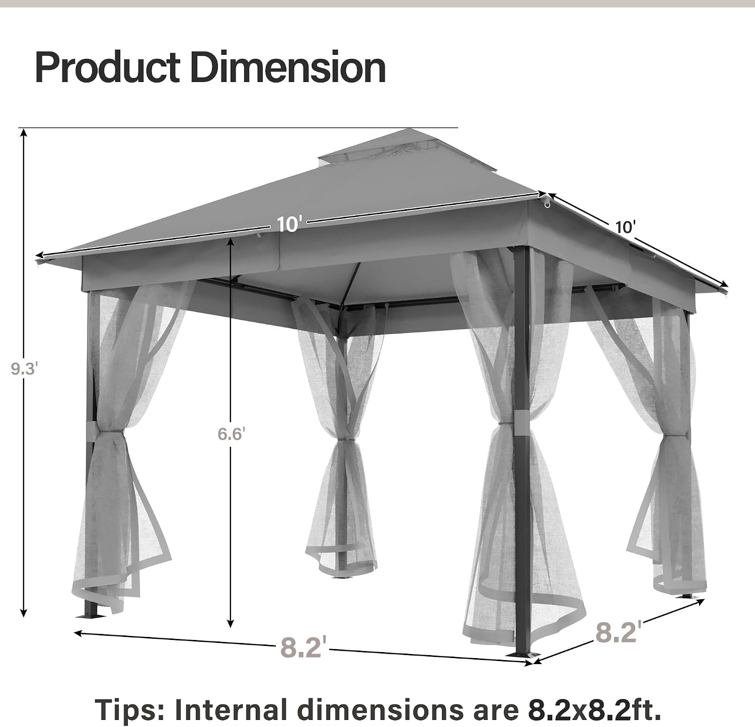 LAUSAINT HOME 10'x10' Outdoor Patio Gazebo with Mosquito Netting, Double Roof Outdoor Gazebo Pavilion Shelter for Backyard, Garden, Lawn, Wedding (Grey)