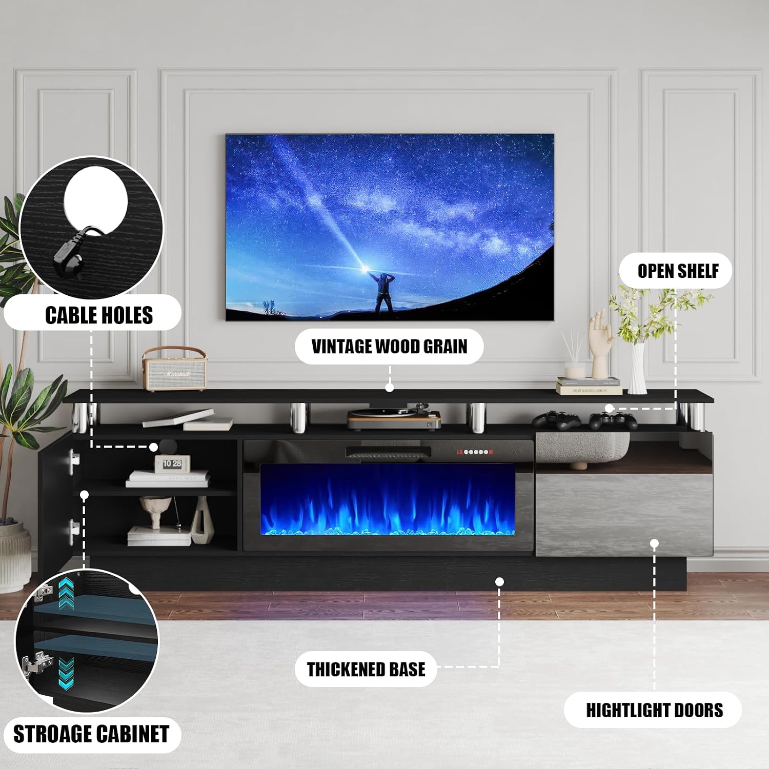 PRETZI 80' Modern Fireplace TV Stand with 36' Electric Fireplace for TVs Up to 90 inch, Luxury LED Light Entertainment Center with High Gloss Cabinet, TV Consoles for Living Room, Black