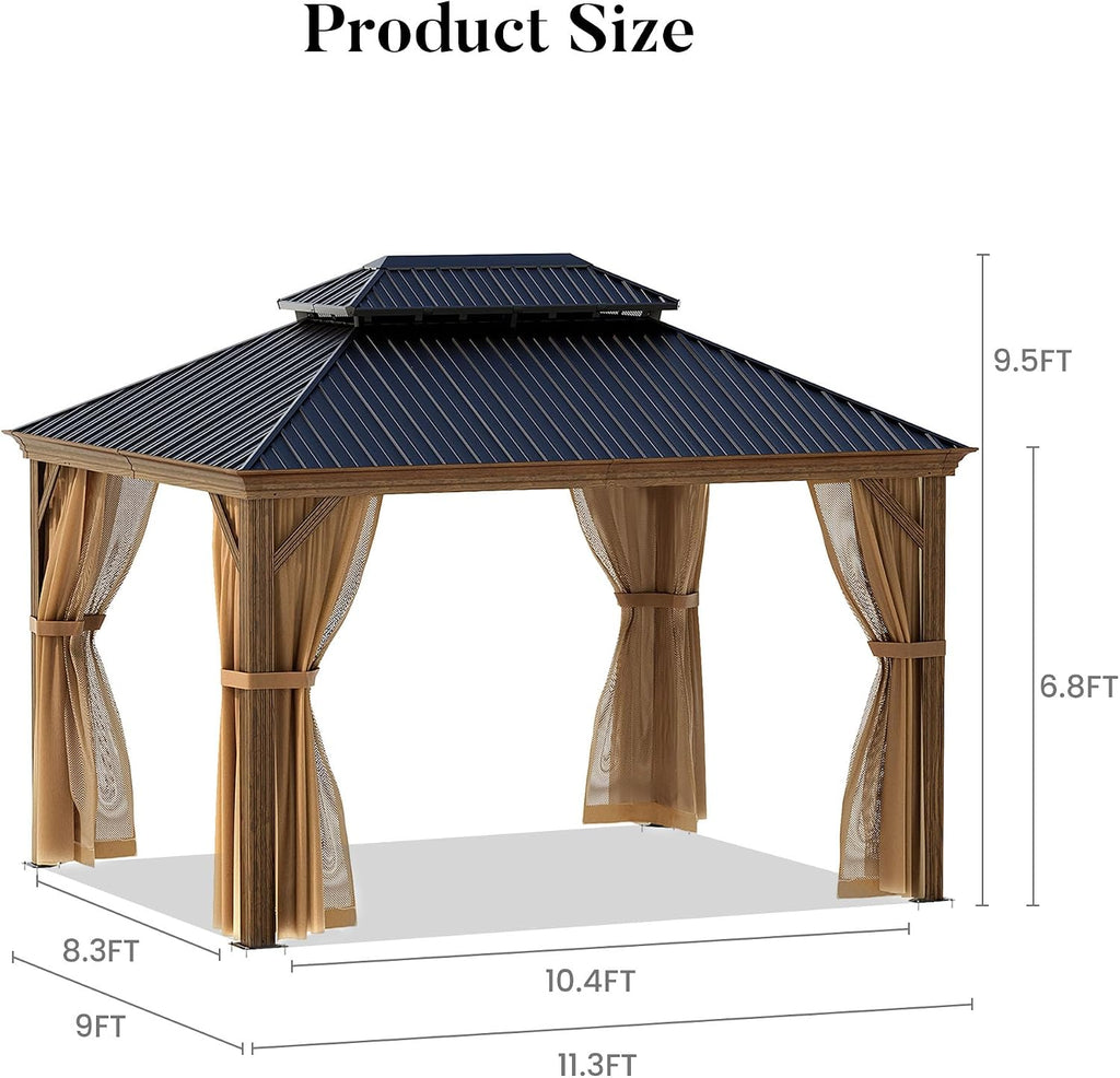 HOMPUS 10X12FT Outdoor Gazebo, Hardtop Gazebowith Galvanized Steel Double Roof, Heavy Duty Metal Gazebos with Netting & Curtains, Patio Aluminum Pavilion for Garden, Backyard, Deck, Drak Walnut