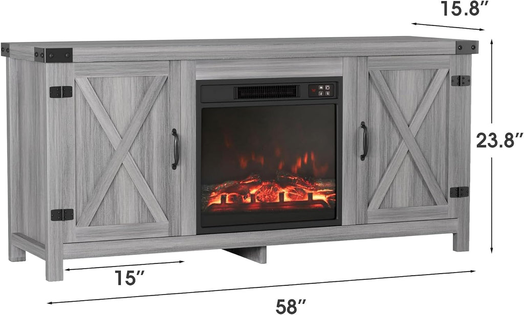 JUMMICO Fireplace TV Stand, Farmhouse Entertainment Center with Fireplace and Shelves, Double Barn Doors Storage Cabinets for TVs to 65+ Inch for Living Room (Grey)
