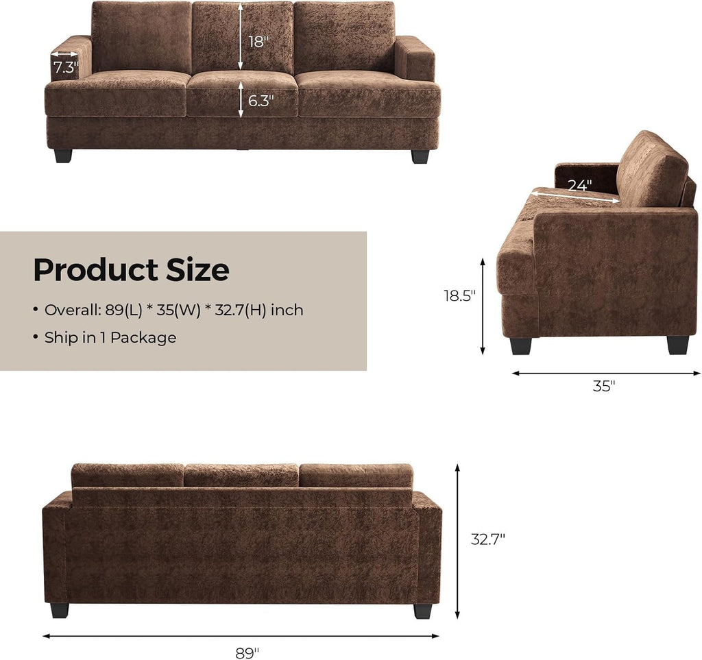 COPIAE 89 Inch Sofa with Extra Deep Seats Oversize,3 Seater Sofa for Living Room, Modern Couch and Sofa, Comfy Armrests and Seats and Backrests, Easy Installation,Chenille Fabric Brown