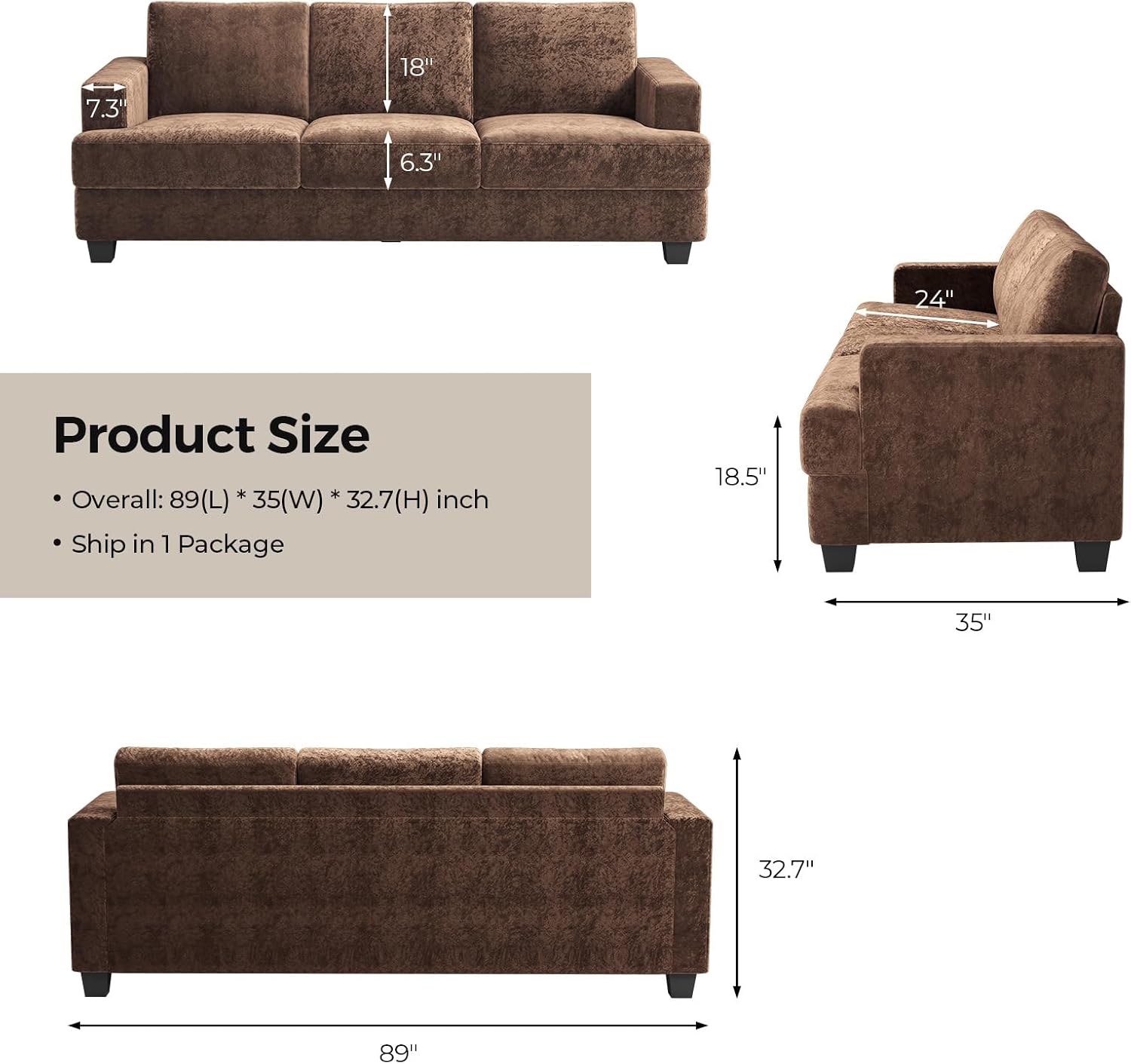 COPIAE 89 Inch Sofa with Extra Deep Seats Oversize,3 Seater Sofa for Living Room, Modern Couch and Sofa, Comfy Armrests and Seats and Backrests, Easy Installation,Chenille Fabric Brown