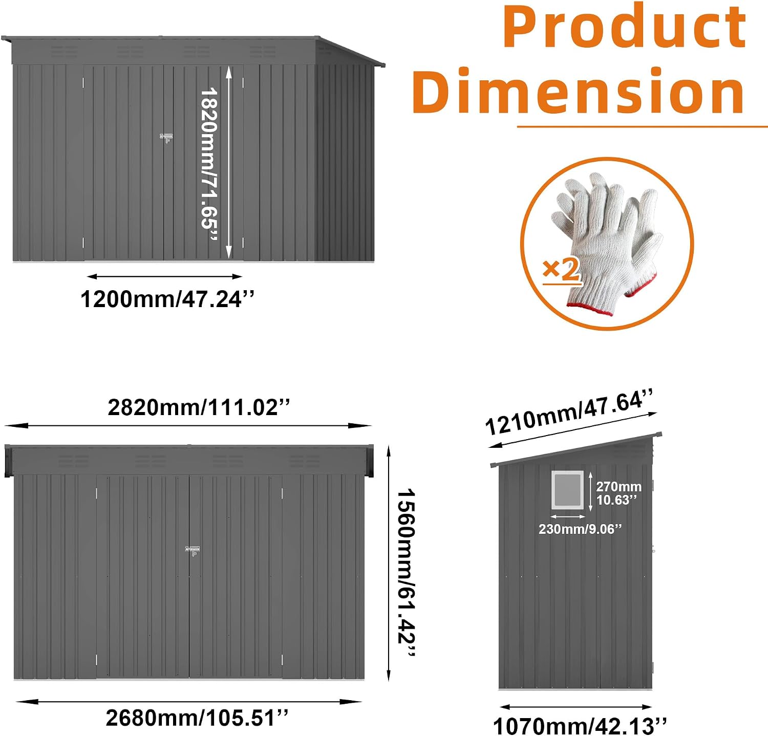 4 x 9 FT Outdoor Storage Shed, Lean-to Metal Storage Shed for Backyard Patio Garage,Sloped Roof Corner Fit, Center Sliding Double Doors, 6 Vents, Galvanized Steel Tool House, Weather-Resistant Gray
