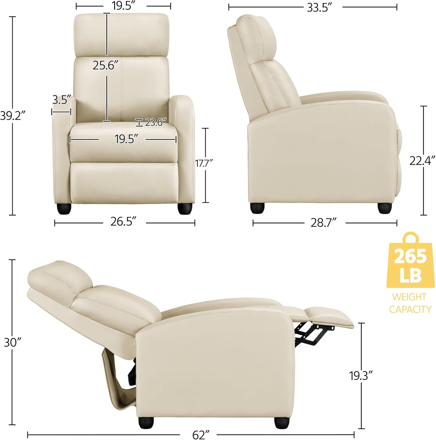 Yaheetech PU Leather Reclining Chair Single Sofa for Living Room Padded Seat with Pocket Spring for Small Space Living Room Bedroom Home Theater Beige