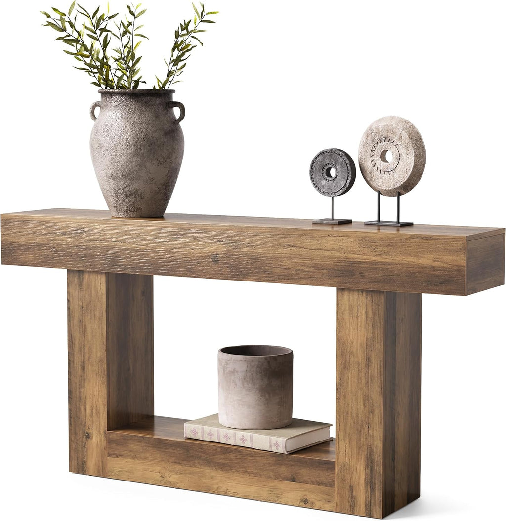 LITTLE TREE 63 Inches Long Console Table, 2-Tier Farmhouse Sofa Table Behind Couch, Large Narrow Entryway Table for Living Room, Wooden Hallway Foyer Table with Heavy Duty Base, Rustic Brown