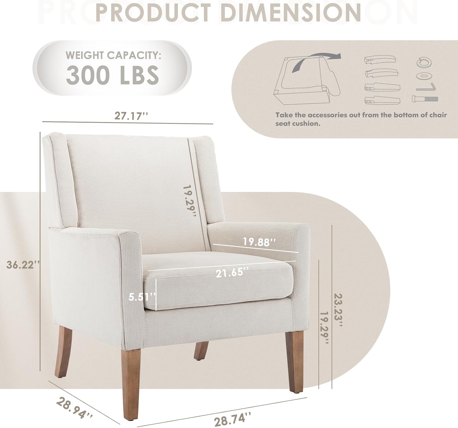 COLAMY Modern Wingback Living Room Chair, Upholstered Fabric Accent Armchair, Single Sofa Chair with Lounge Seat and Wood Legs for Office/Bedroom/Reading Spaces, Beige
