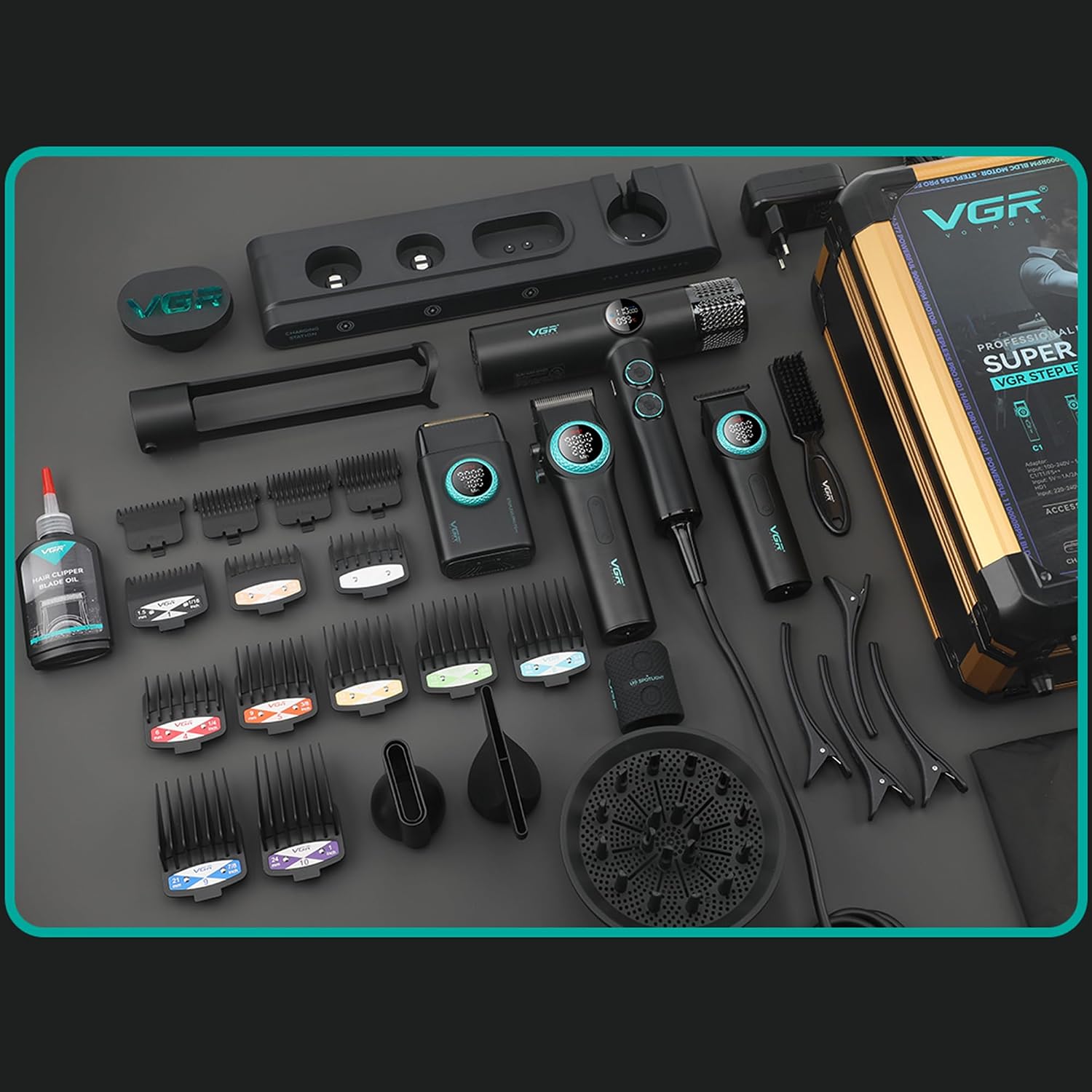 VGR Professional Barber Combo 4 in 1 – Cordless Hair Clipper, Trimmer, Foil Shaver & Powerful Hair Dryer Set for Men, 9000 RPM Motor, Long Battery Life, All-in-One Grooming Kit (Black)