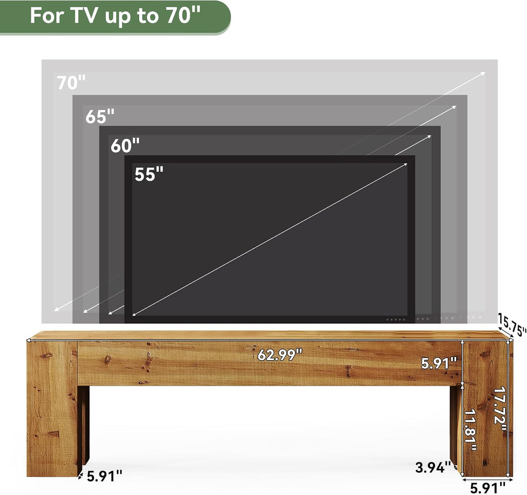 Solid Wood TV Stand, 63' Rustic Extra Long Heavy Duty Media TV Consoles Table with Sturdy Frame for Living Room Gaming Entertainment Center for TVs up to 70 Inches (Brown)