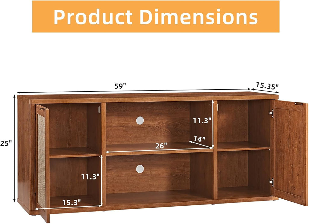LEYAOYAO Rattan TV Stands for Living Room, Boho TV Cabinet with Storage and Open Shelf, Rustic Wood Entertainment Center, Media Console for 50-65 Inch TV, Tea Brown