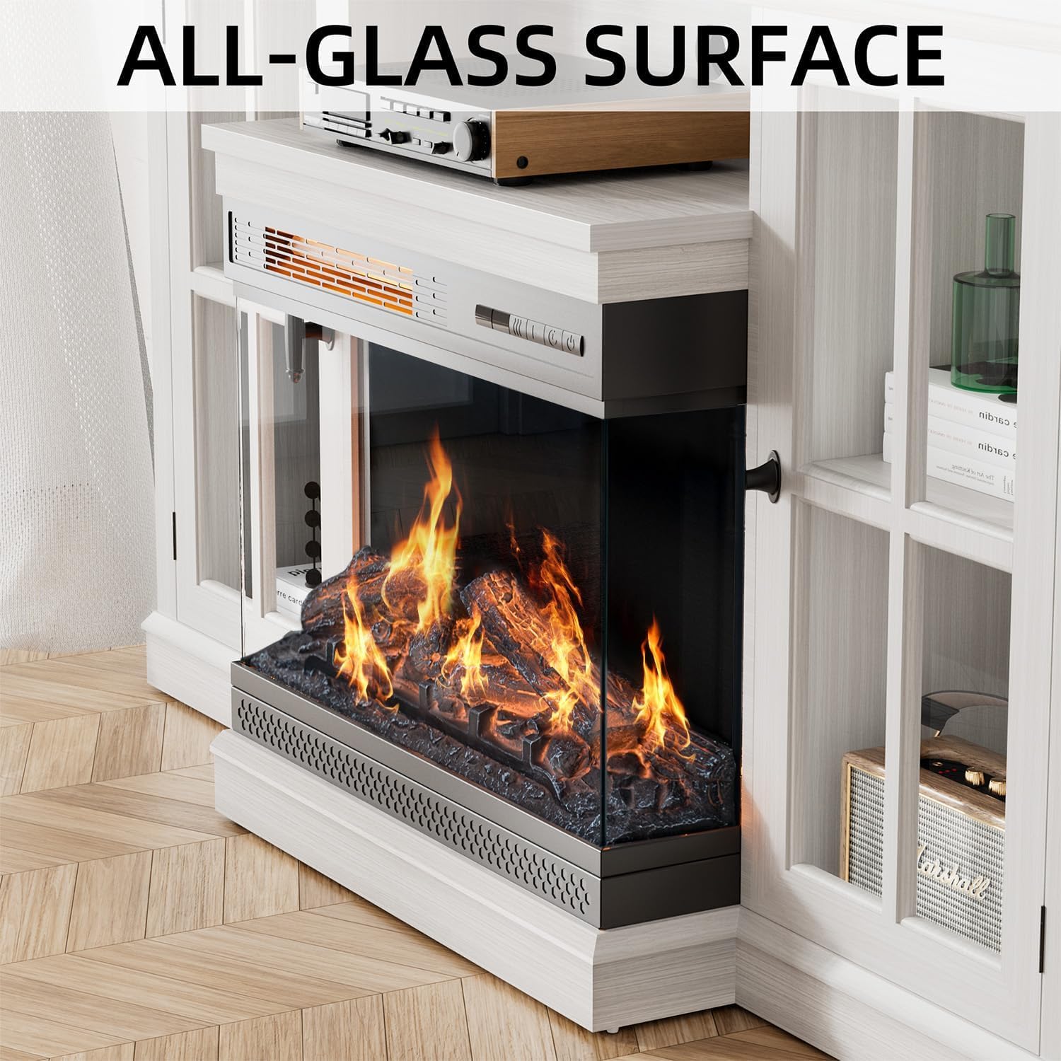 YESHOMY Glass Fireplace TV Stand for TVs up to 65 Inch, Media Entertainment Center with Storage, White Wash
